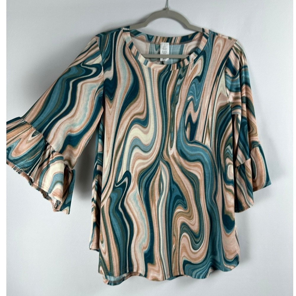 Tee for the Soul Top Womens Small Teal Peach Marble Print Bell Sleeve Boho Artsy